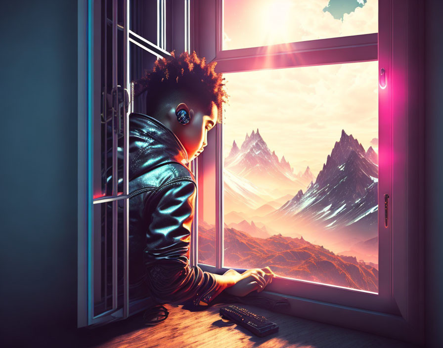 Person wearing headphones gazes out window at surreal landscape with mountains and purple sky