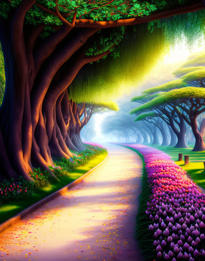 Colorful whimsical path with oversized trees and purple flowerbeds leading into misty distance
