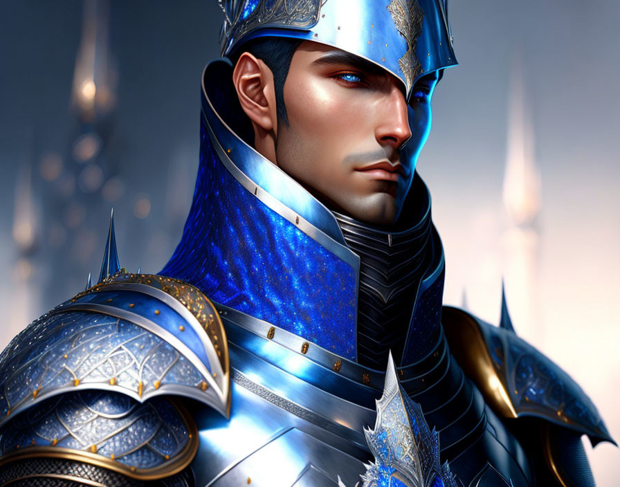 Stoic male figure in blue and silver armor against spires