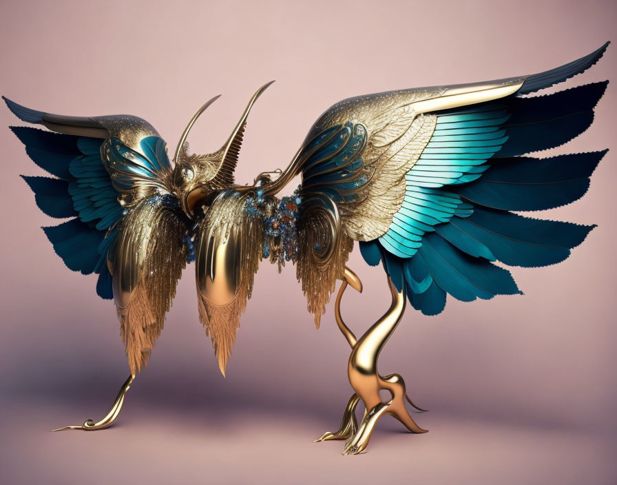 Symmetrical mechanical bird creature with blue and gold wings on pink background