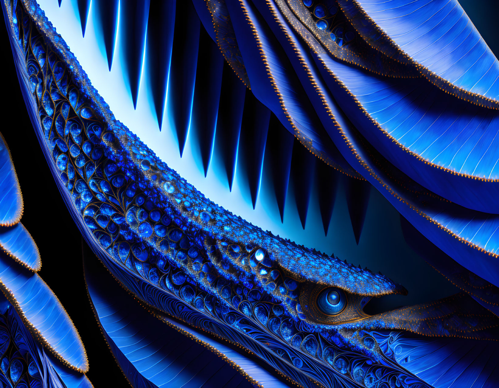 Blue and Black Abstract Fractal Art Resembling Peacock Feathers