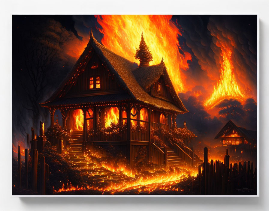 Artwork: Flaming wooden cabin in dark forest with fiery sky