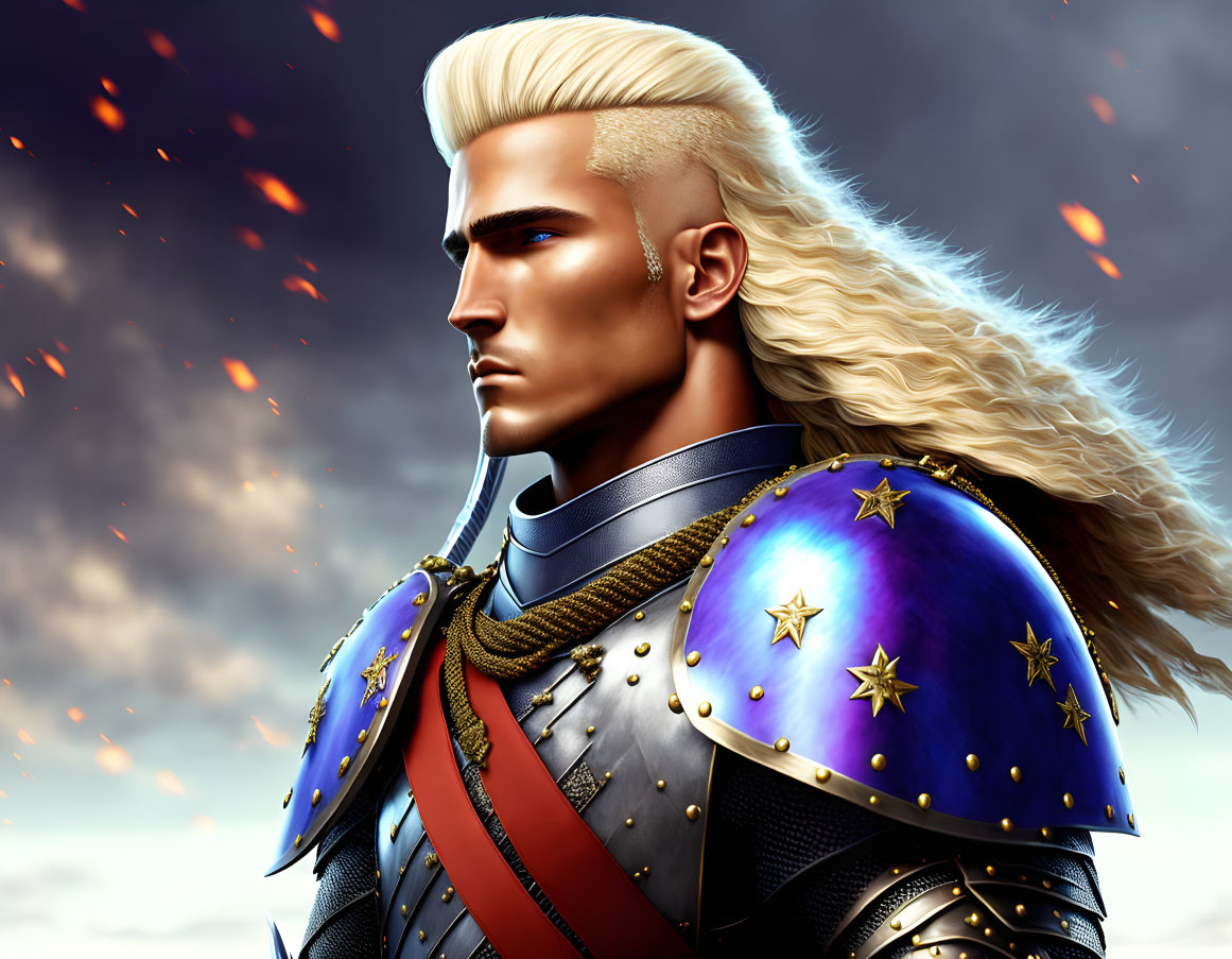 Golden-haired warrior in ornate blue armor under a sky with floating embers