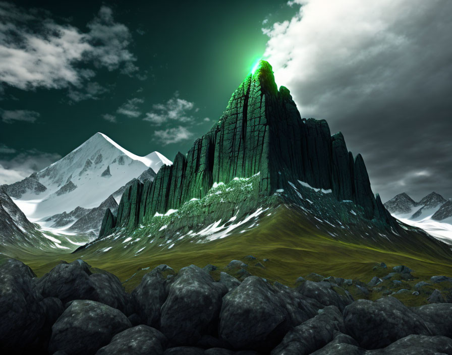 Mythical landscape with towering spire, green glow, snowy peaks