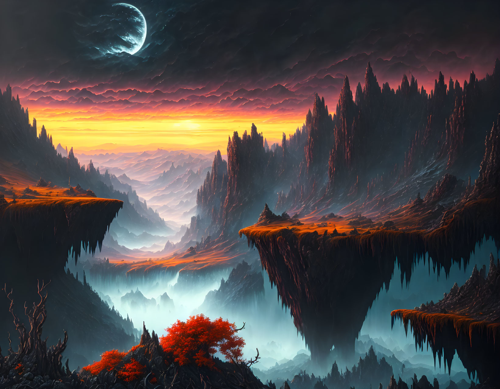 Fantastical landscape with floating islands, vibrant sunset hues, crescent moon, and fiery red foliage