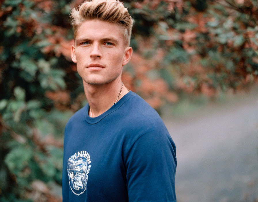 Blond Young Man Outdoors in Navy Blue T-shirt