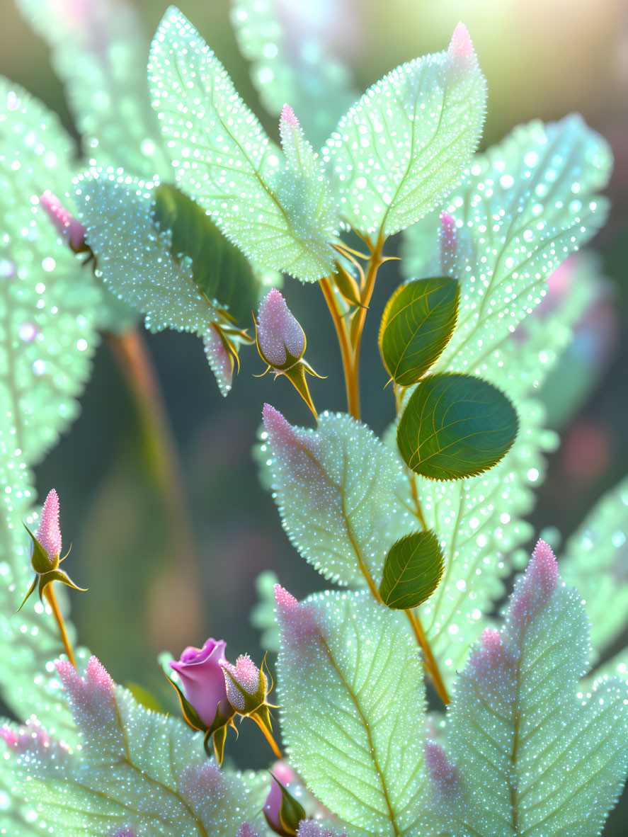 Detailed view of dew-covered green leaves with translucent veins and budding pink flowers in soft light