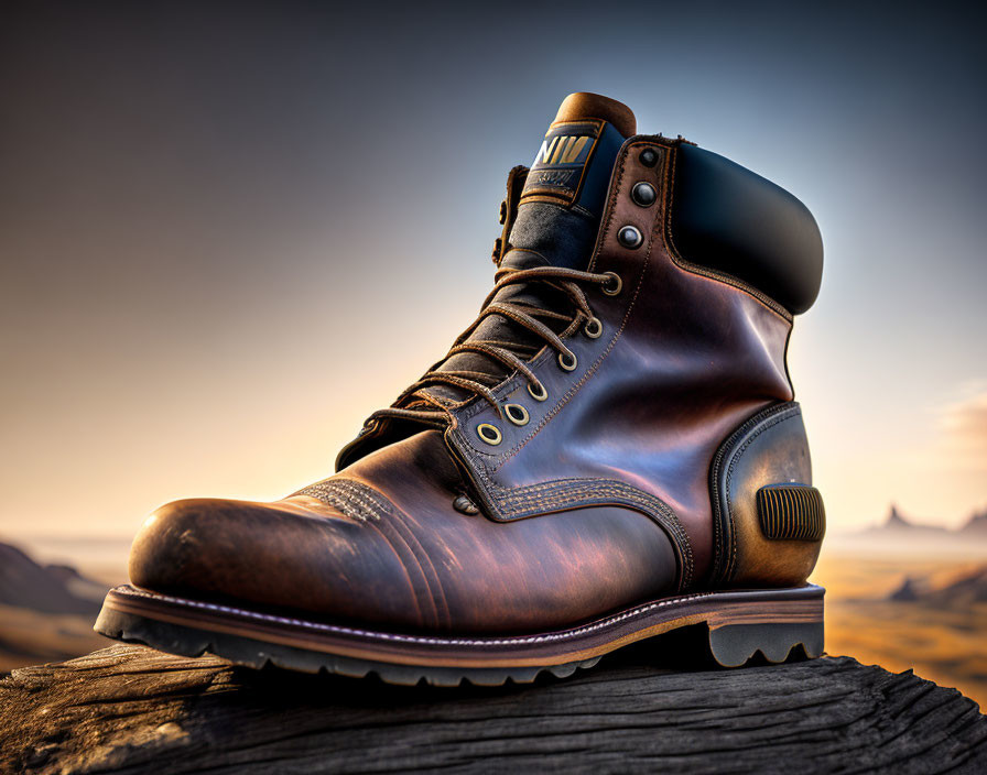 Brown leather boot with laces on wooden stump in desert sunset