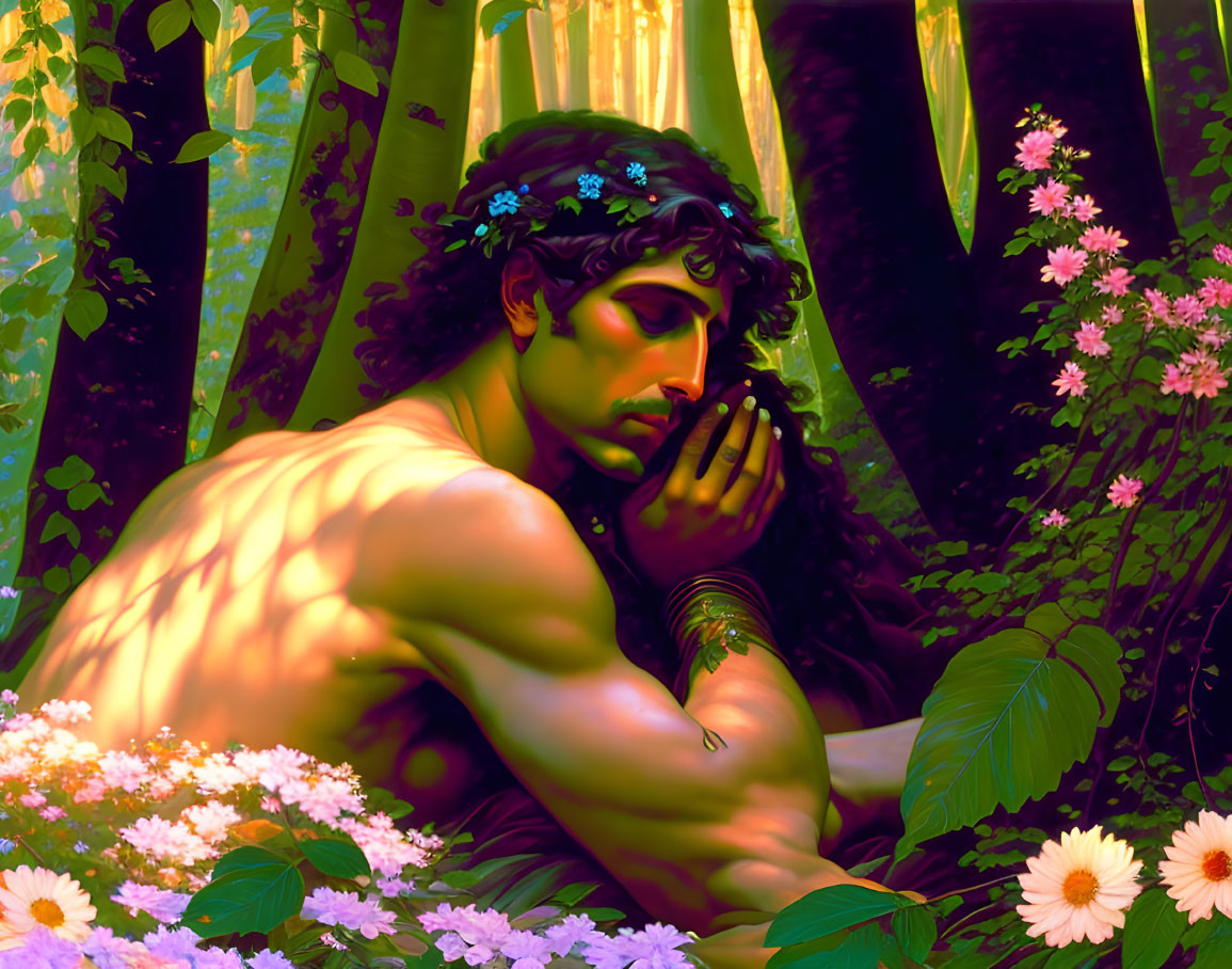 Person in wreath surrounded by flowers in lush forest, bathed in golden light