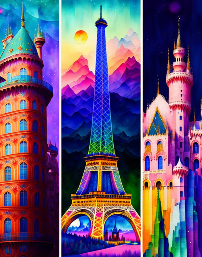 Illustrations of Fairy Tale Castles and Eiffel Tower Under Starry Skies