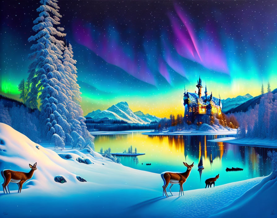 Winter night sky with auroras, illuminated castle, snow, and deer.