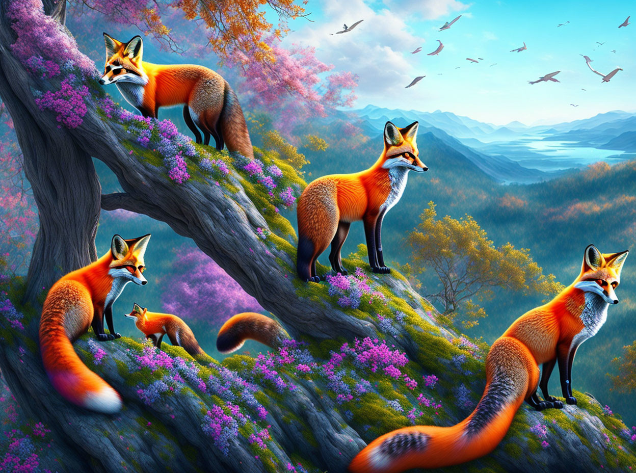 Five foxes in colorful foliage with pink forest backdrop and flying birds