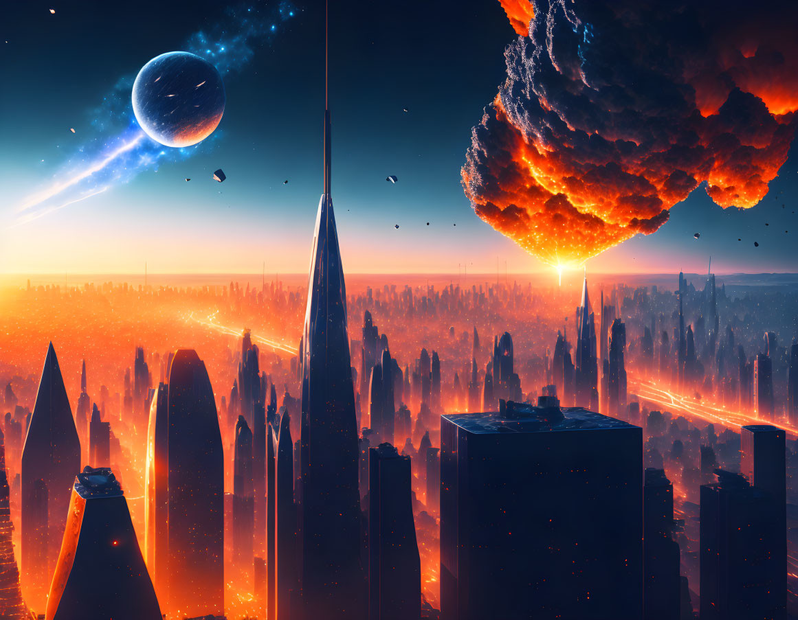 Futuristic cityscape with glowing skies, skyscrapers, meteor, planet, and explosion