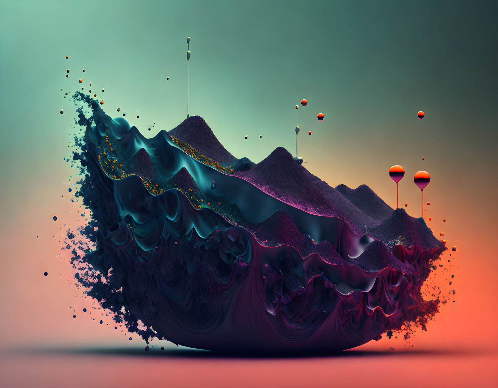 Colorful Surreal Digital Artwork: Fluid Wave with Intricate Textures and Spherical Elements