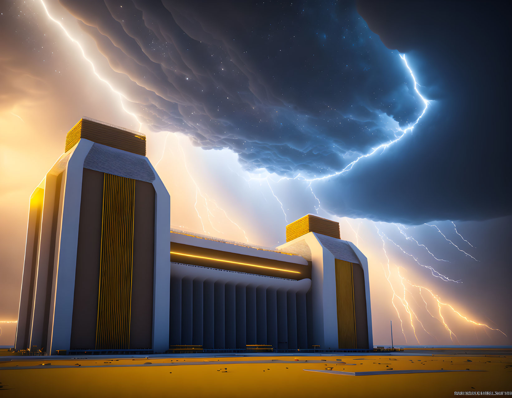 Dramatic futuristic structures in desert twilight storm