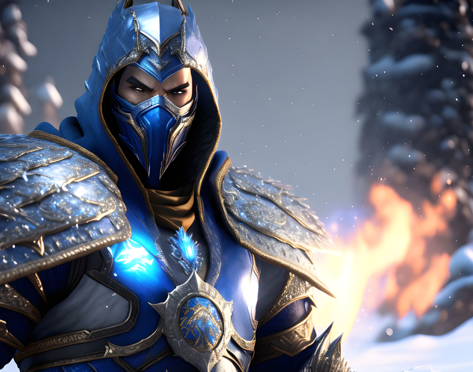 Knight in Blue Armor Stands in Snowy Landscape