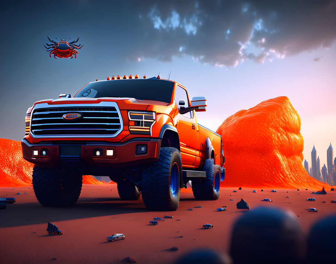 Futuristic orange pickup truck in desert with glowing rock formations