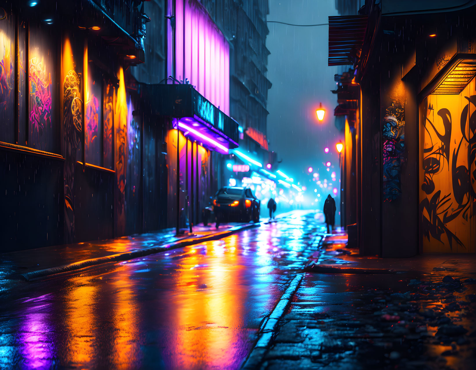 Rainy city street at night: Neon signs, street lights, reflections, and silhouettes.
