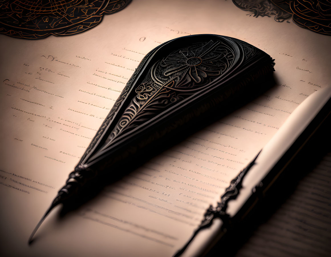 Black Metal Quill and Intricate Inkwell on Handwritten Page