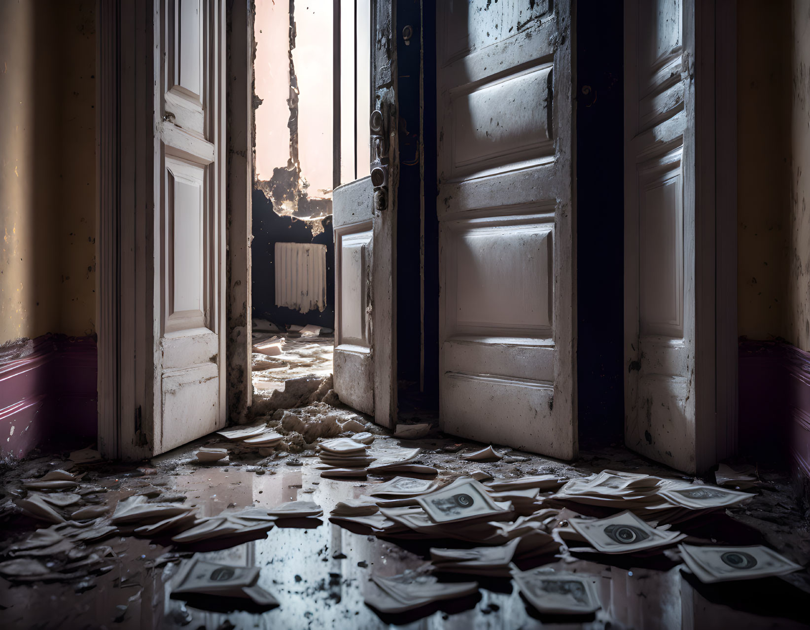 Abandoned room with scattered money and broken door.
