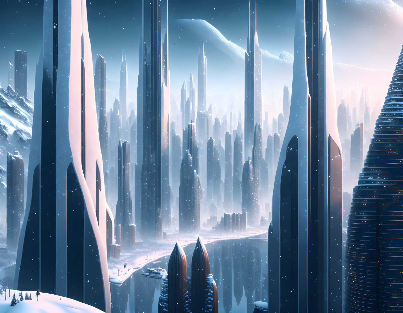Futuristic cityscape with towering spires in snowy twilight