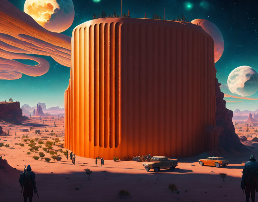 Futuristic desert landscape with cylindrical structure, people, retro vehicles, planets, moons