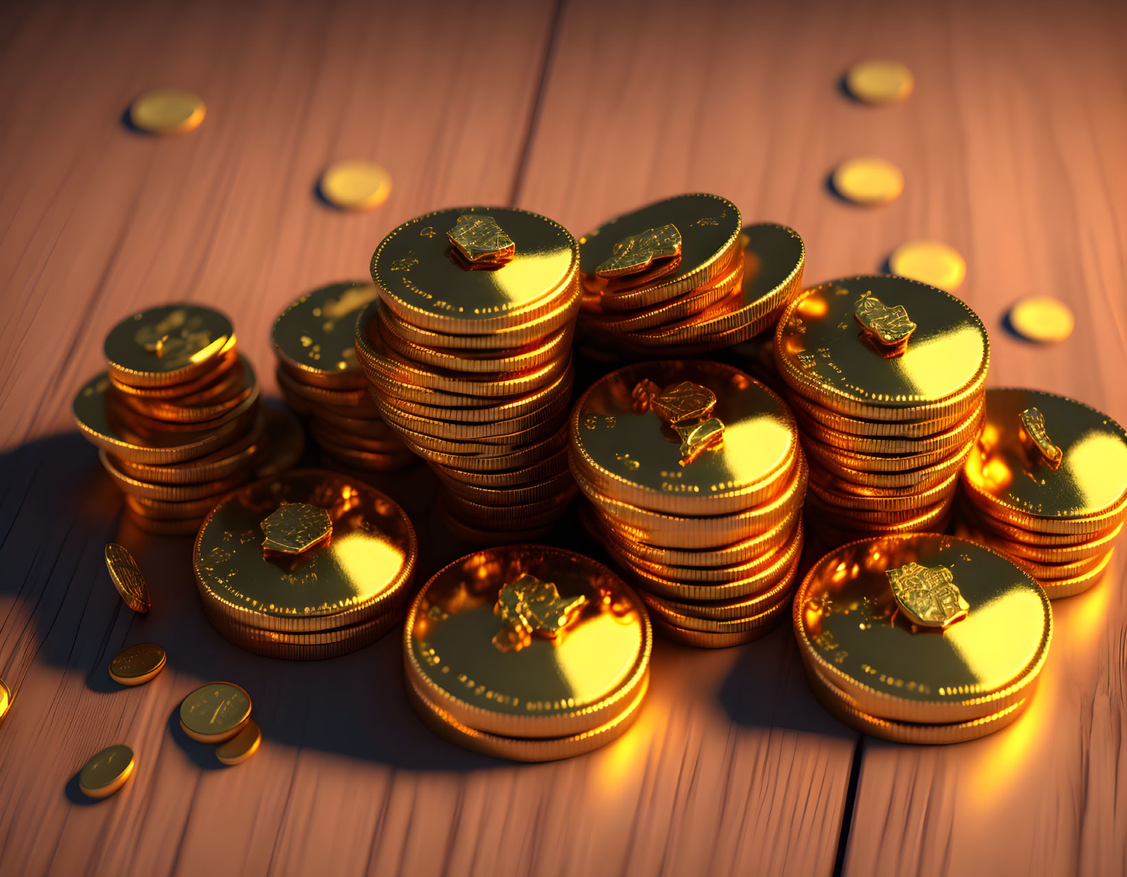 Golden coins with embossed designs on wooden surface lit by warm light