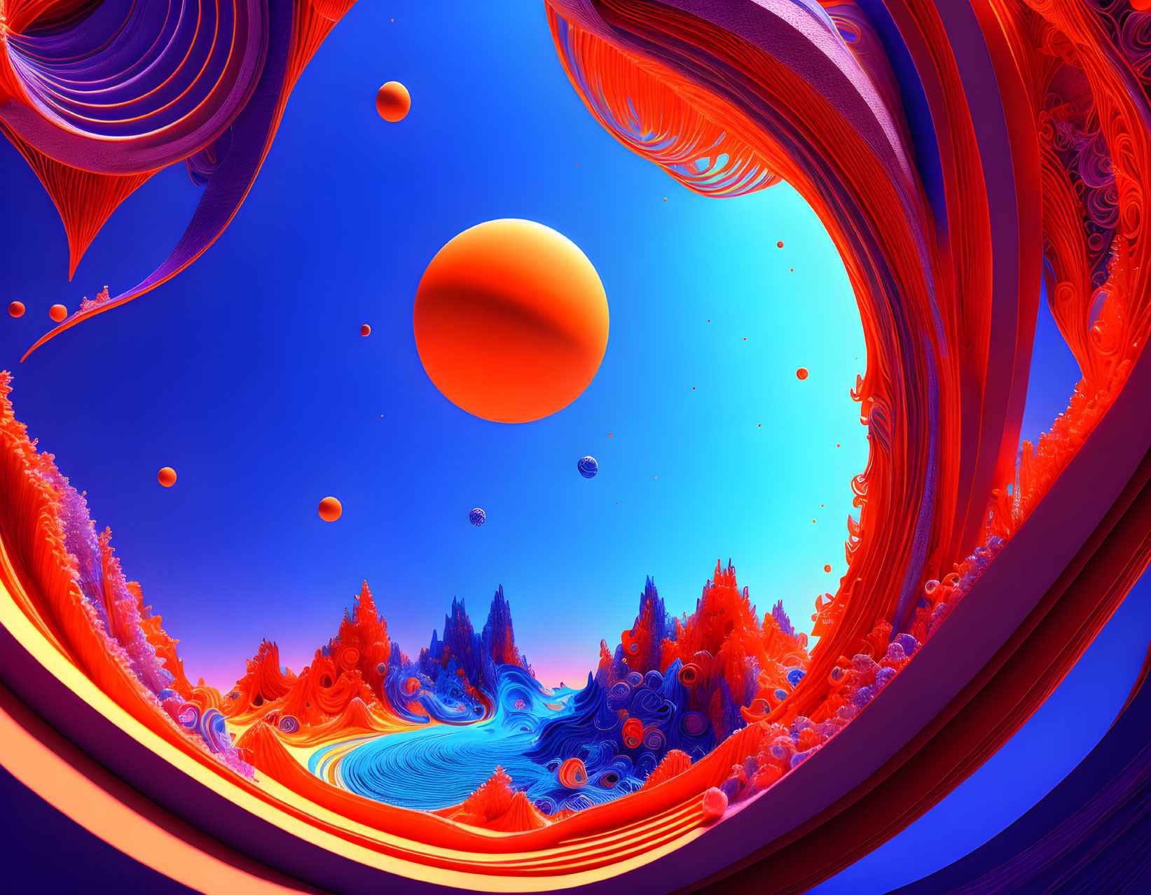 Colorful Digital Art: Swirling Red and Blue Patterns with Floating Spheres