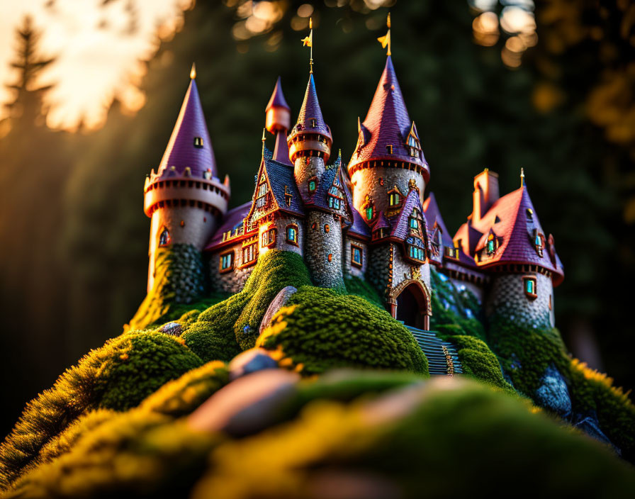 Miniature Fairytale Castle on Mossy Hillock at Sunset