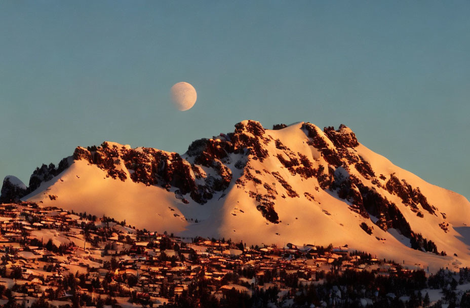 Snow-capped mountains at dusk with rising half moon