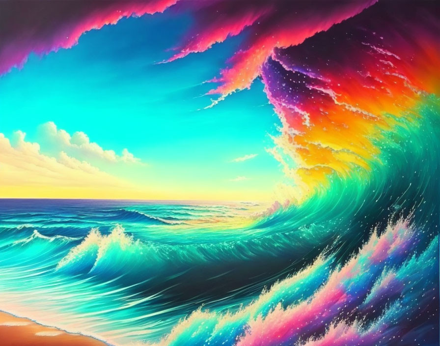 Colorful painting of large wave with psychedelic sky above calm sea