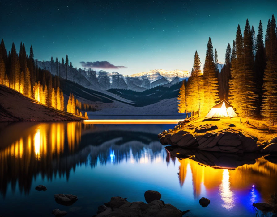 Twilight tent by tranquil lake with starry sky, reflecting mountains and pine trees