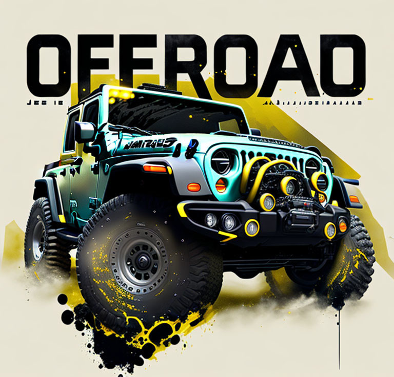 Teal Jeep with "Offroad" lettering, yellow highlights, and splash graphics