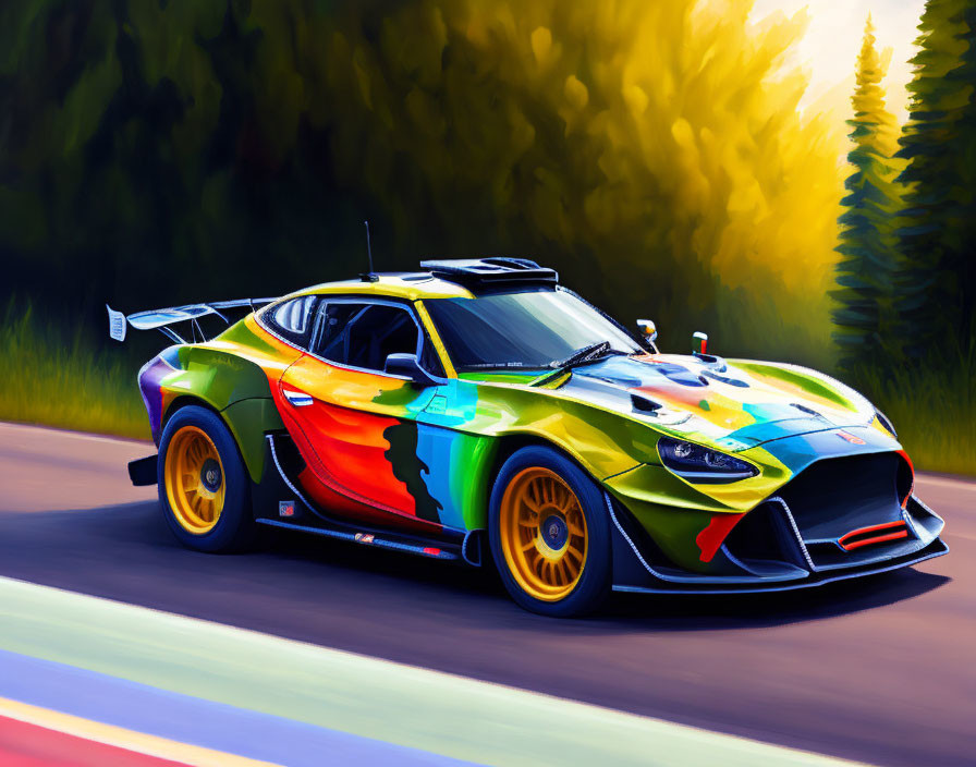 Colorfully Painted Race Car Speeding on Track Amid Green Trees