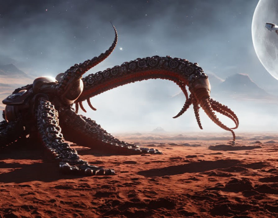 Giant mechanical octopus on red alien landscape with moon and mountains
