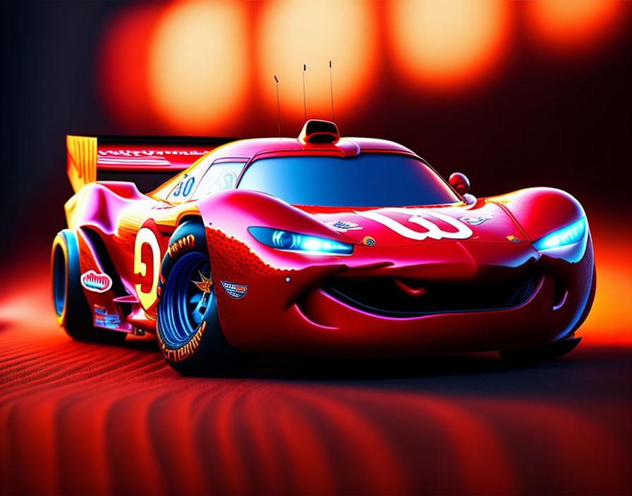 Animated race car with eyes and smile on red background