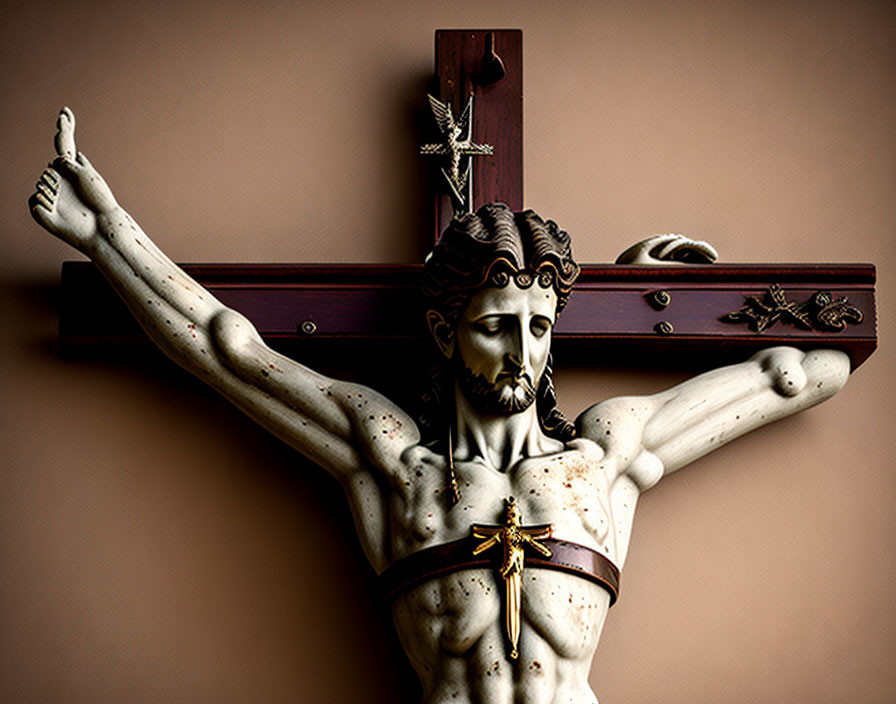 Detailed Sculpted Depiction of Jesus Christ Crucified on Ornate Wooden Cross