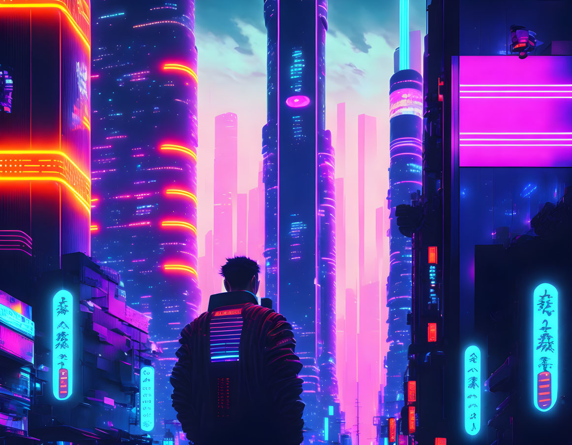 Person in front of neon-lit cyberpunk cityscape at night