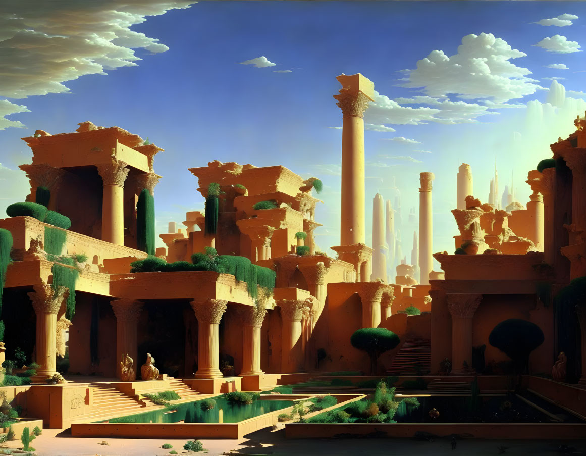 Ancient cityscape with sandstone columns and lush greenery