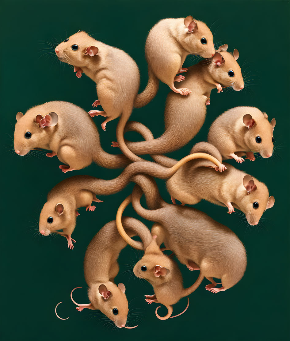 Brown mice with intertwined tails on dark green background.