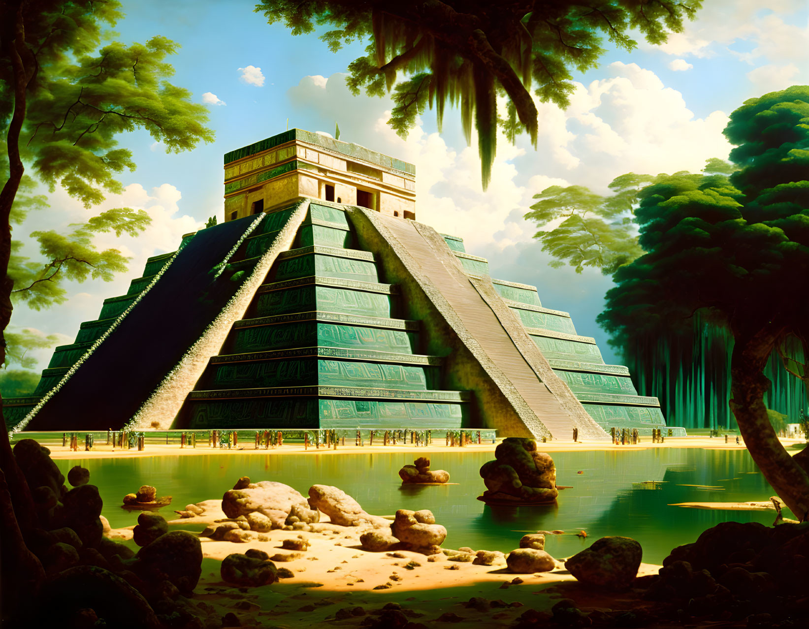 Ancient Mesoamerican pyramid with intricate designs in lush green setting