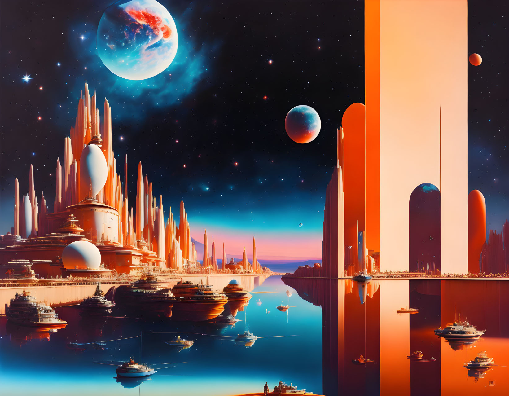 Futuristic cityscape with tall buildings, spaceships, planets, and sunset sky.