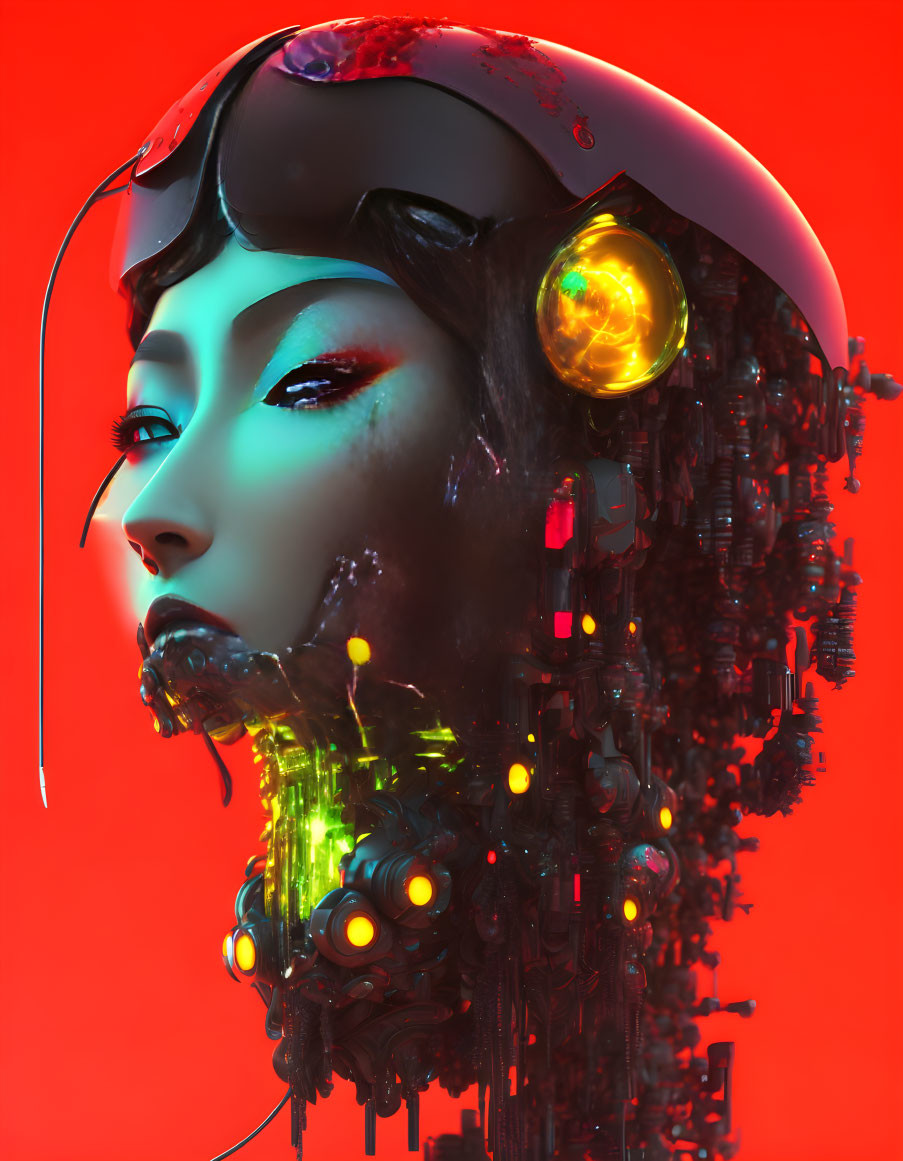 Cybernetic female figure with glowing eyes and mechanical parts on red background