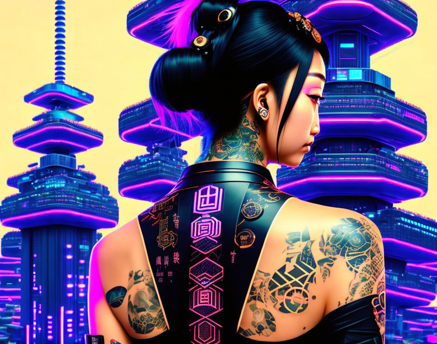 Intricately tattooed woman in cyberpunk cityscape