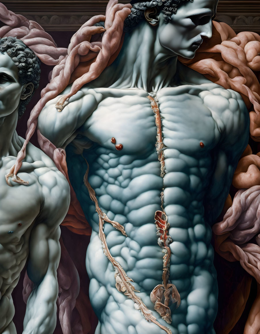 Detailed Hyper-Realistic Sculpture of Muscular Being with Exposed Spine