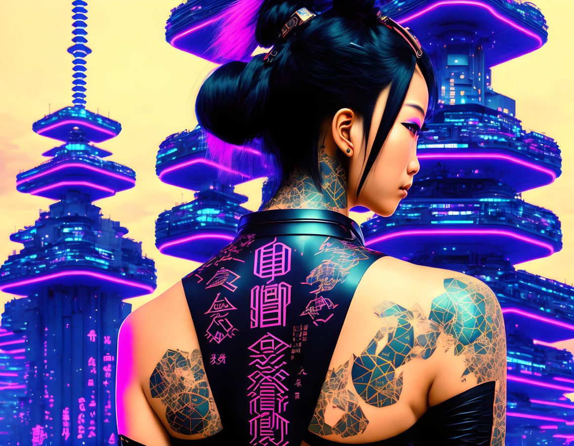 Futuristic tattooed woman in cyberpunk scene with neon-lit pagoda towers