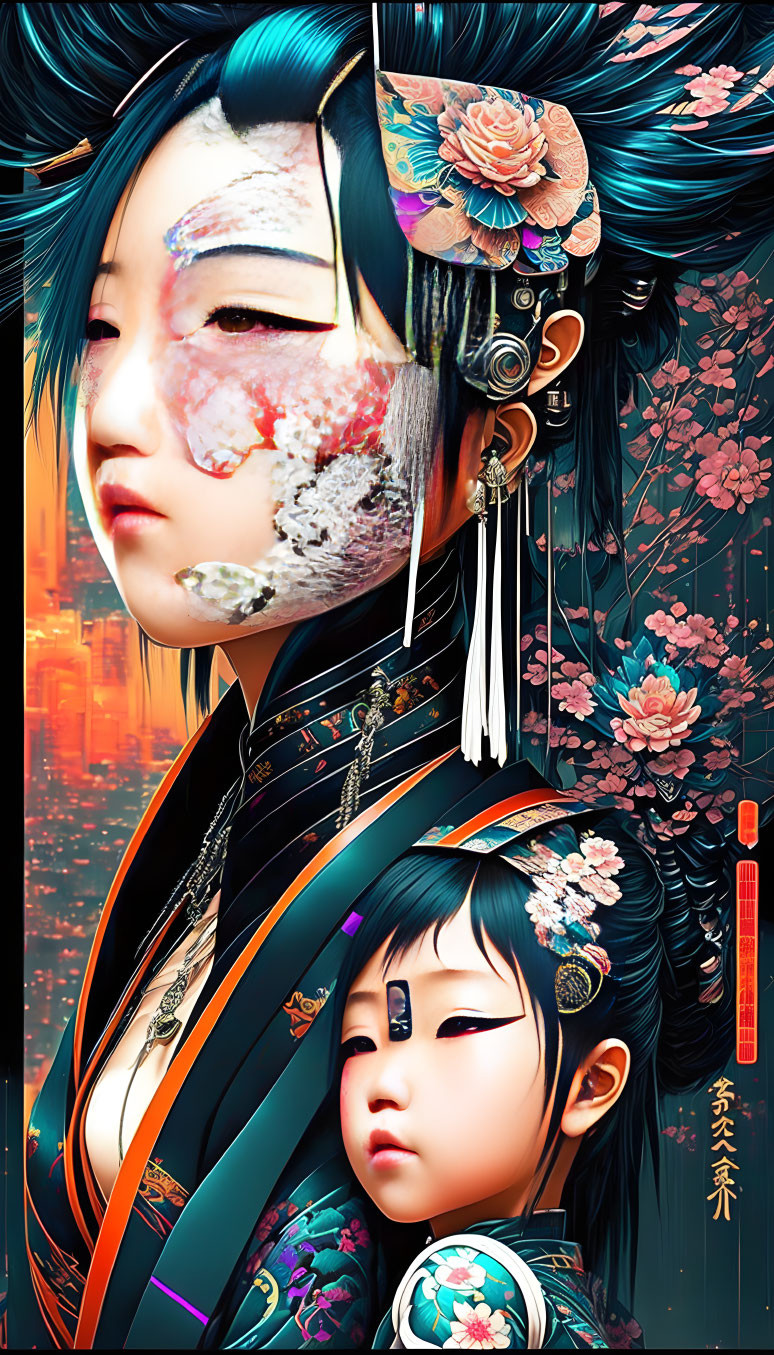 Futuristic Asian woman and child in traditional attire with cherry blossom backdrop