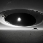 Monochrome sci-fi landscape with dark circular void and stars