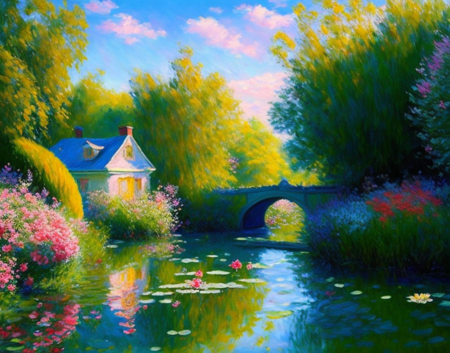 Scenic painting of cottage by river with stone bridge