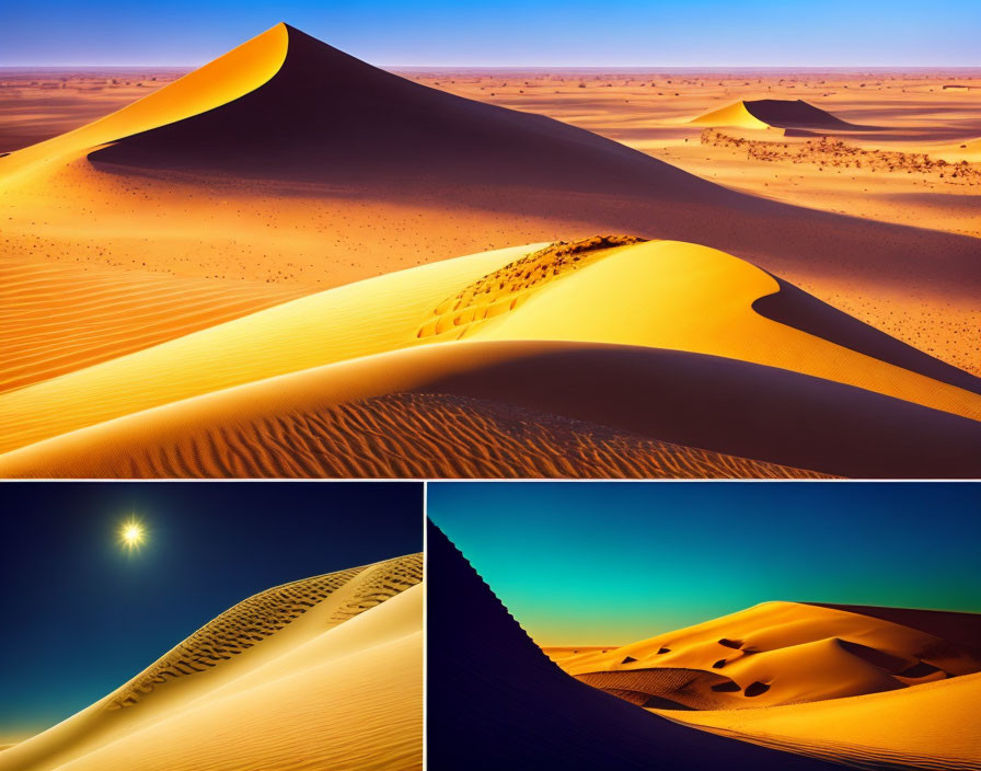 Desert dunes under golden hour, starry night, and bright daylight